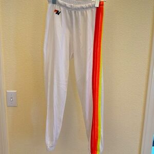 Aviator Nation 4 Stripe Sweatpants white w neon stripes size xs